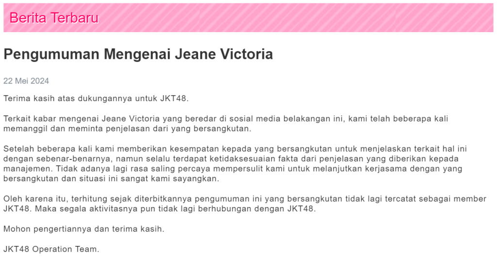 Pengumuman JOT tentang Jeane, sumber: jkt48.com